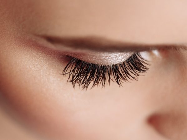 Long Black Eyelashes. Closeup Of Beautiful Woman Eyebrow And Big Eye With Fake Lashes. Woman With Soft Smooth Healthy Skin And Glamorous Professional Facial Makeup. Beauty Cosmetics. High Resolution